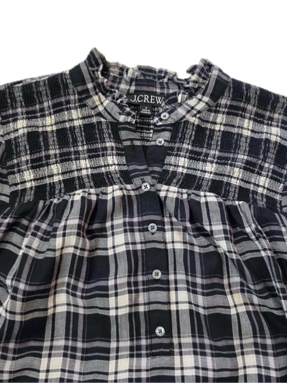 J.CREW Blouse Womens S‎ Black Tartan Plaid Mock Neck Long Sleeve Button Ruffle